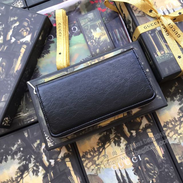Gucci包 古馳錢包 575988黑全皮 復古義大利皮革拉鏈包 gucci黑色拉鏈長錢包  gudj1031